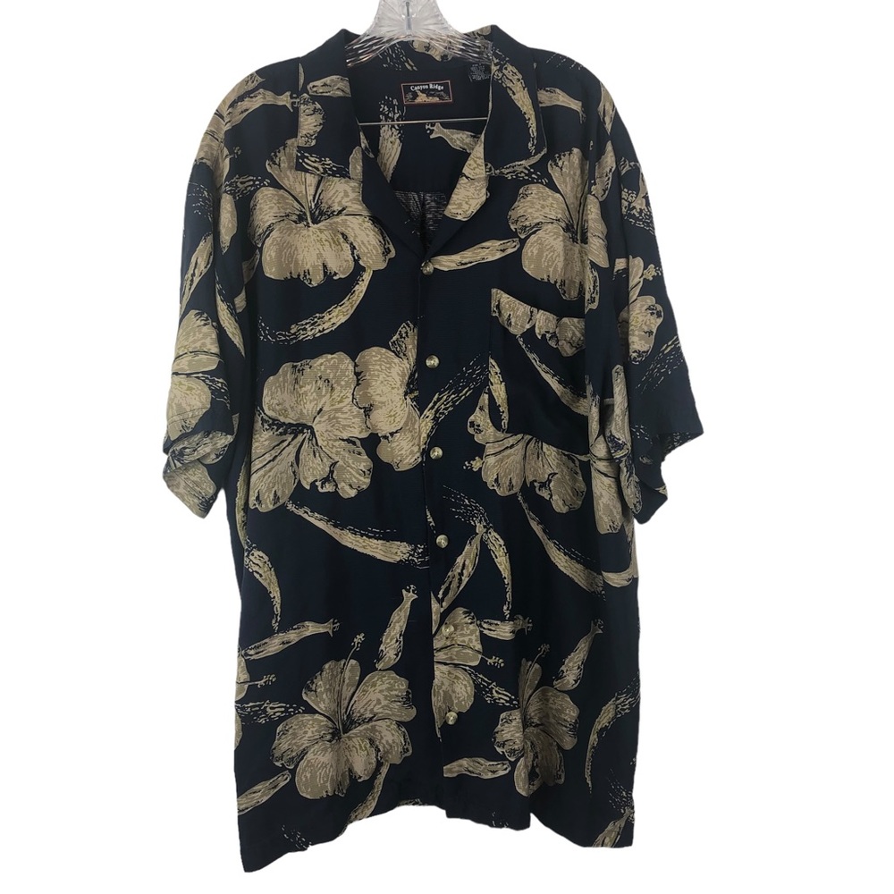 Canyon Ridge Men’s 2X Tall Silk Navy Cream Short Sleeve Button Down Hawaii Shirt